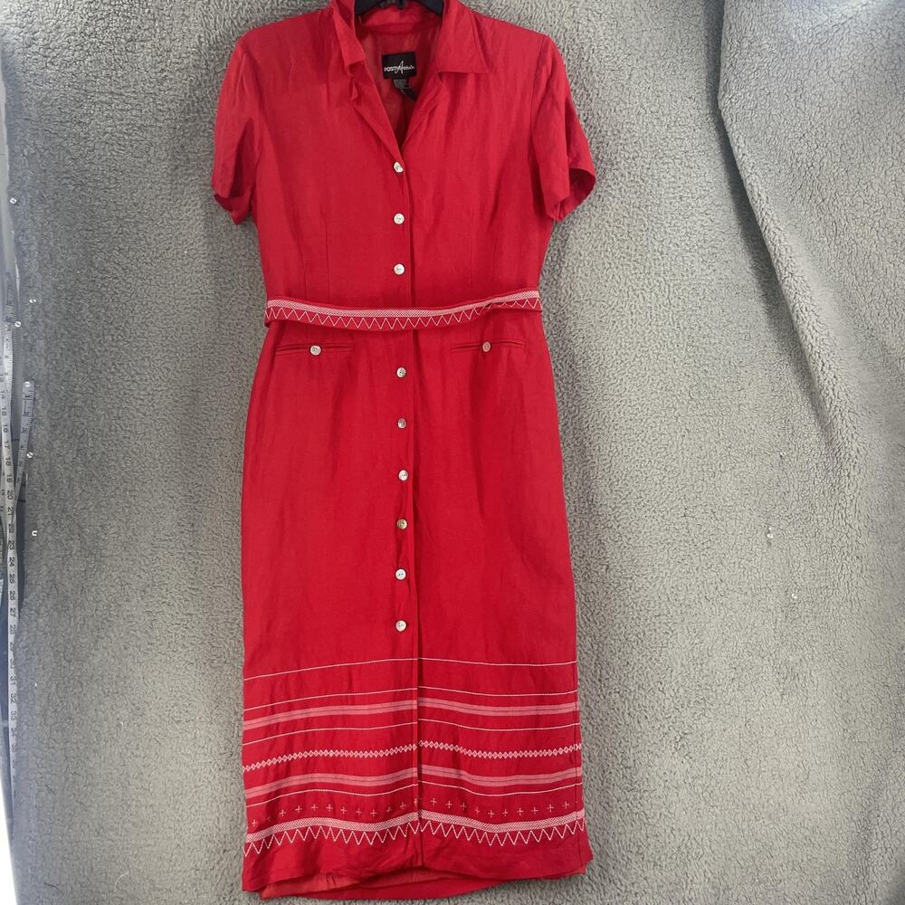 Positive Attitude Dress Womens 14 Red Linen Blend Button Front Midi Dress